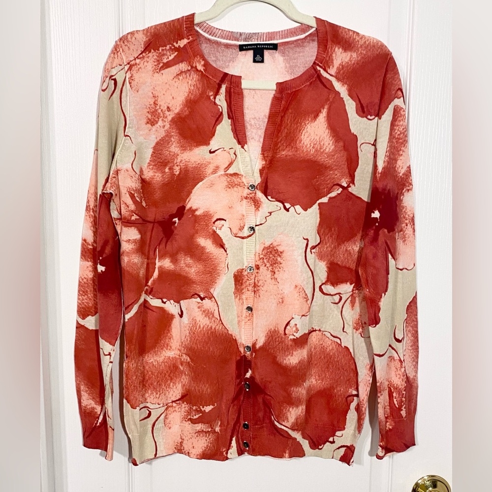 Banana Republic Watercolor Floral Split Neck Cotton Knit Cardigan Red Cream XL